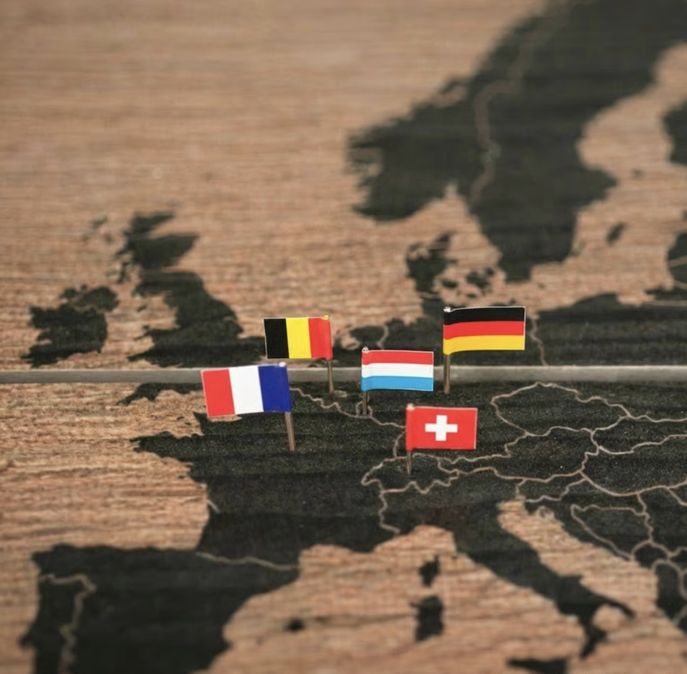 Drapeaux européens sur carte en bois de l'Europe